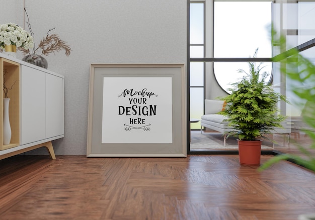 Poster frame in living room psd mockup