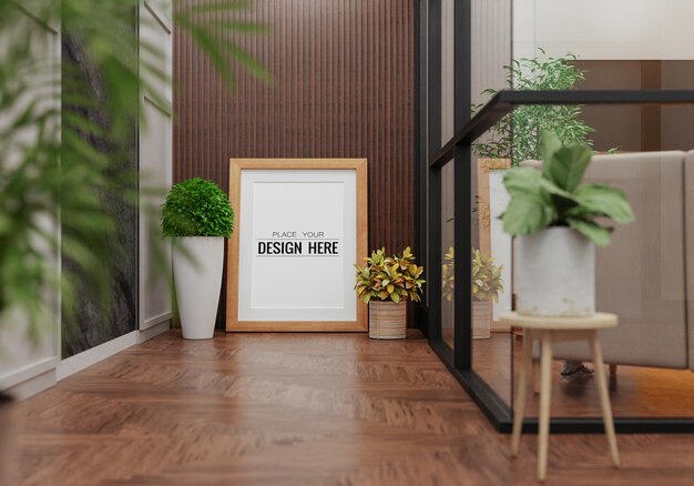 Poster frame in living room psd mockup