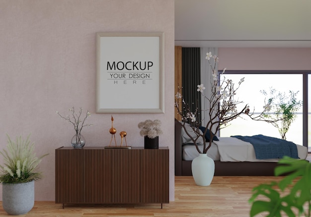 Poster frame in living room psd mockup