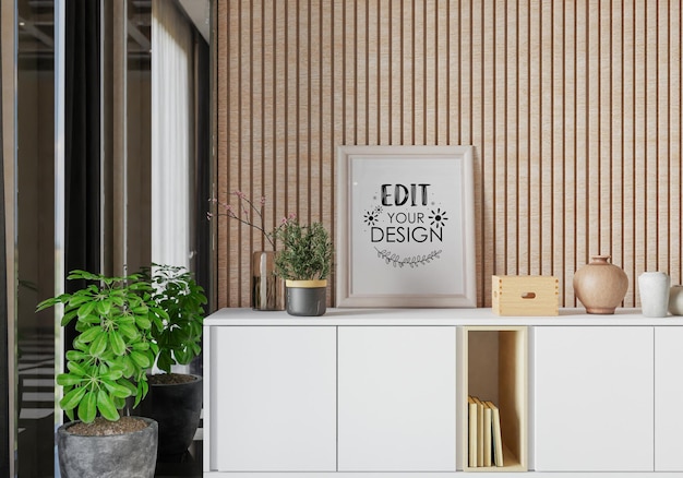 Poster frame in living room psd mockup