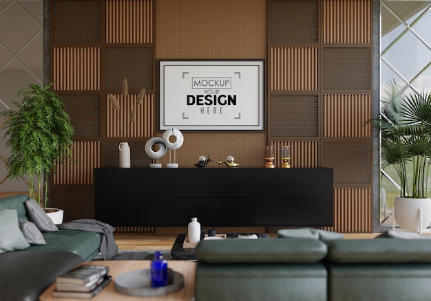 Poster frame in living room psd mockup