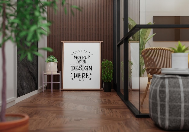 Poster frame in living room psd mockup