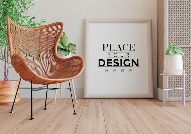 Poster frame in living room psd mockup