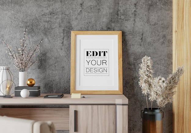 Poster frame in living room psd mockup