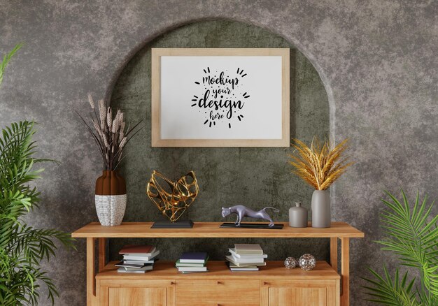 Poster frame in living room psd mockup