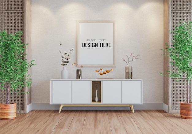 Poster frame in living room psd mockup