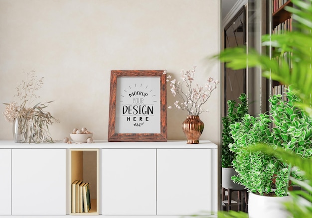 Poster frame in living room psd mockup