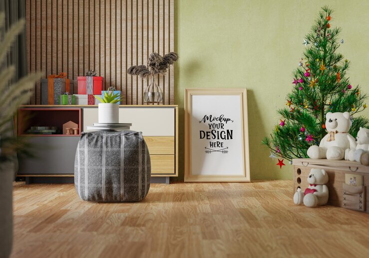 PSD poster frame in living room psd mockup