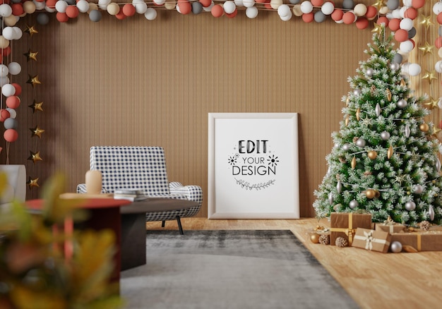 Poster frame in living room psd mockup