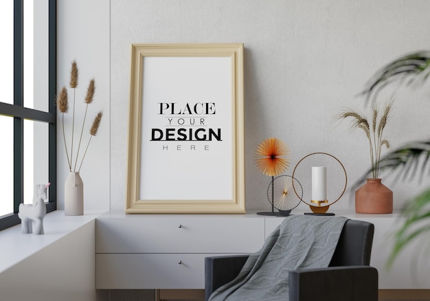 poster frame in living room psd mockup