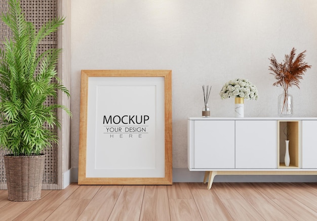 Poster frame in living room psd mockup