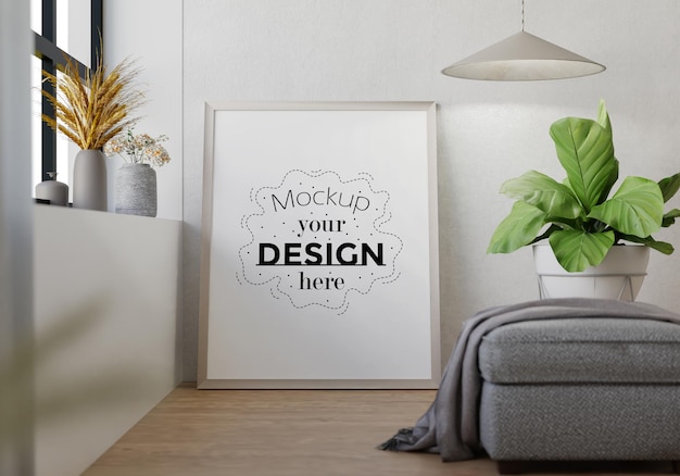 Poster frame in living room psd mockup