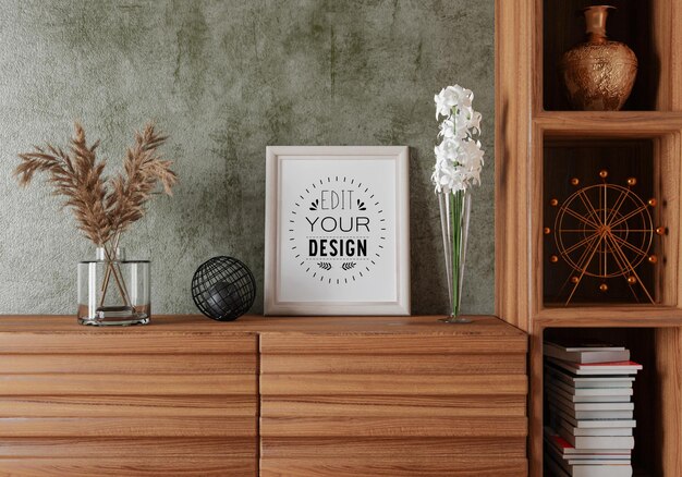 Poster frame in living room psd mockup