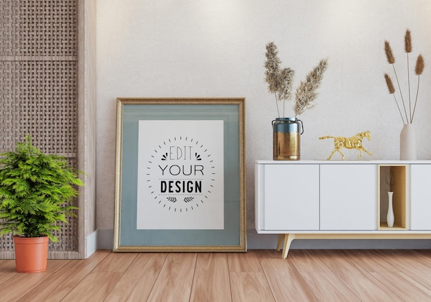 Poster frame in living room psd mockup