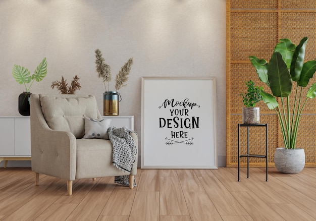 Poster frame in living room psd mockup