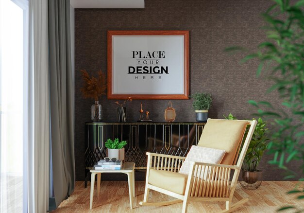 Poster frame in living room psd mockup