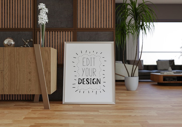 Poster frame in living room psd mockup