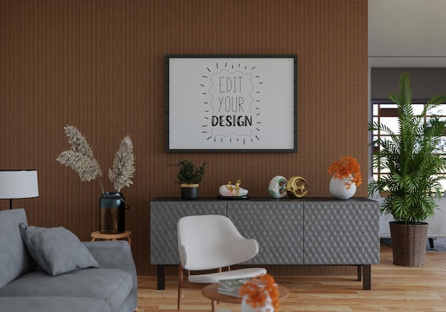 Poster frame in living room psd mockup