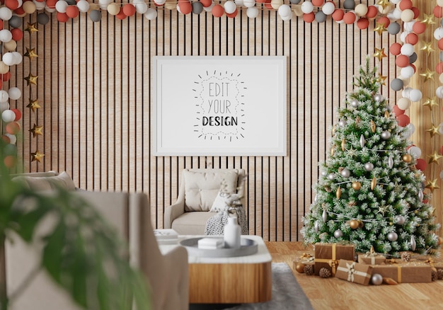 Poster frame in living room psd mockup