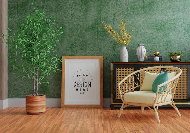 Poster frame in living room psd mockup