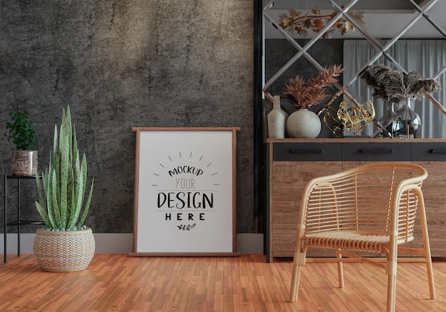 Poster frame in living room psd mockup