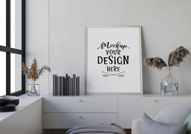 Poster frame in living room psd mockup