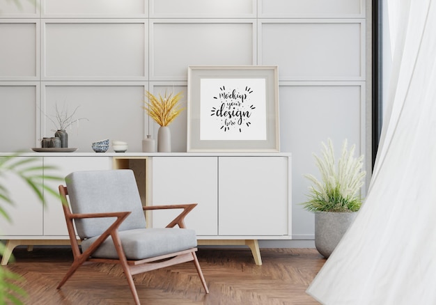 Poster frame in living room psd mockup