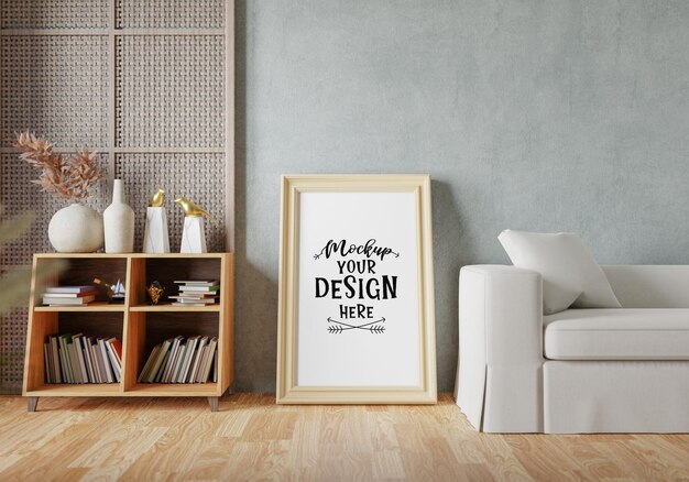 Poster frame in living room psd mockup