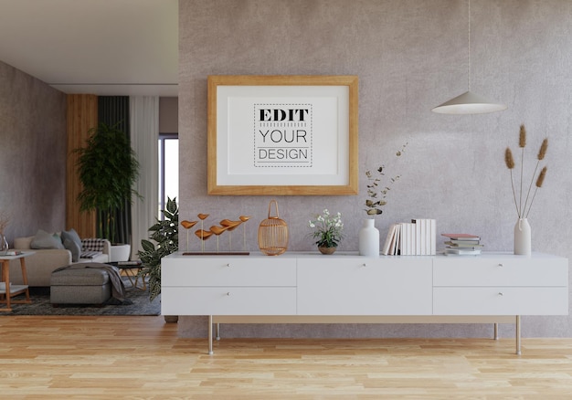 Poster frame in living room psd mockup