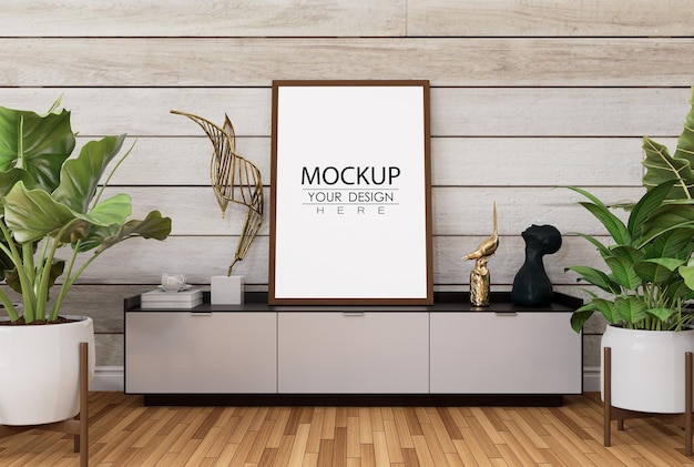 Poster frame in living room psd mockup