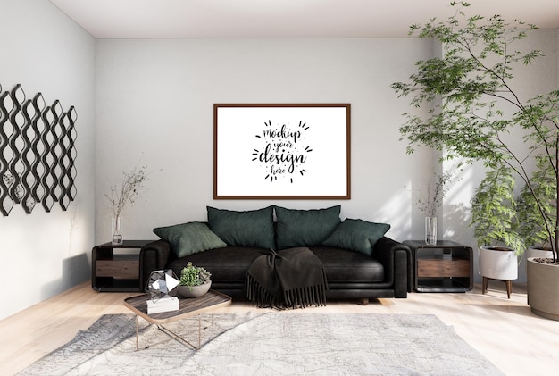poster frame in living room psd mockup
