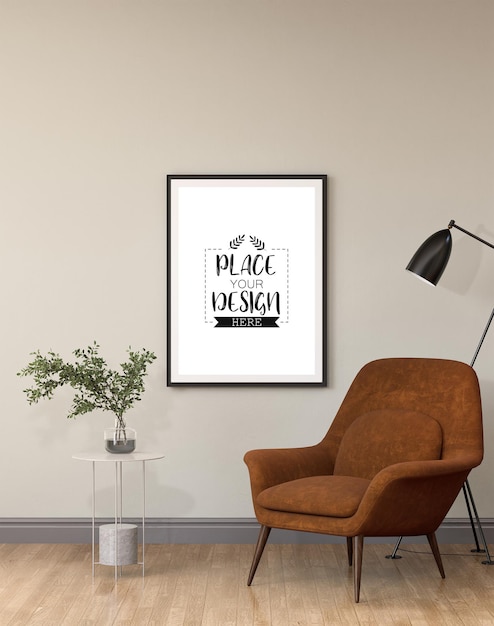 Poster frame in living room psd mockup