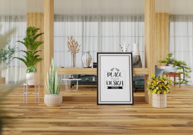 PSD poster frame in living room psd mockup