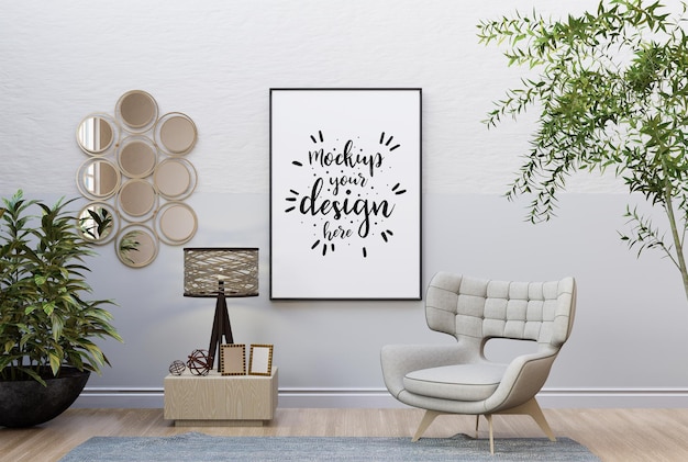 Poster frame in living room psd mockup