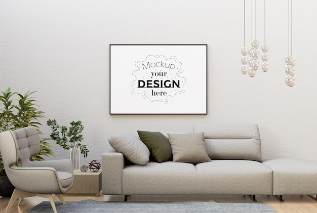 Poster frame in living room psd mockup