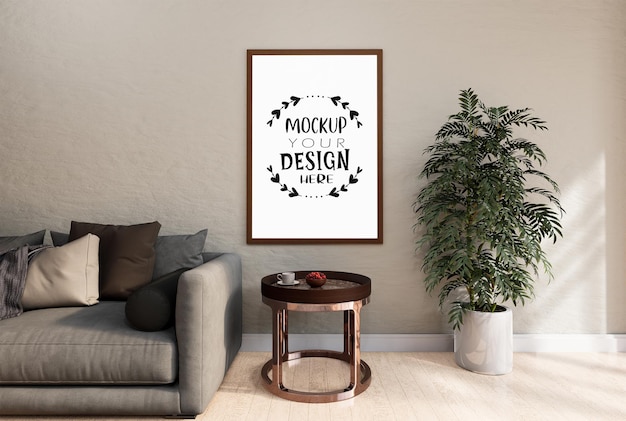 Poster frame in living room psd mockup