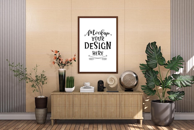 Poster frame in living room psd mockup