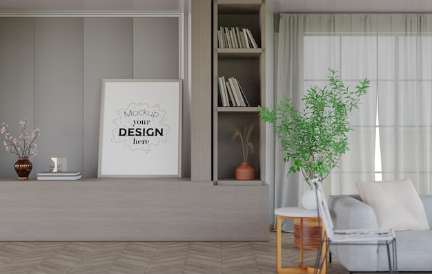 Poster frame in living room psd mockup