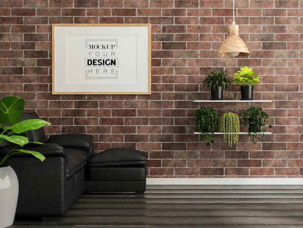 Poster frame in living room psd mockup