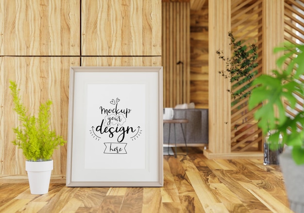 Poster frame in living room psd mockup