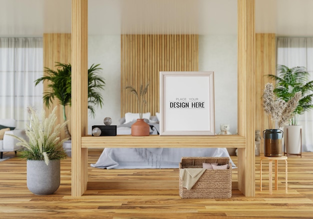 Poster frame in living room psd mockup