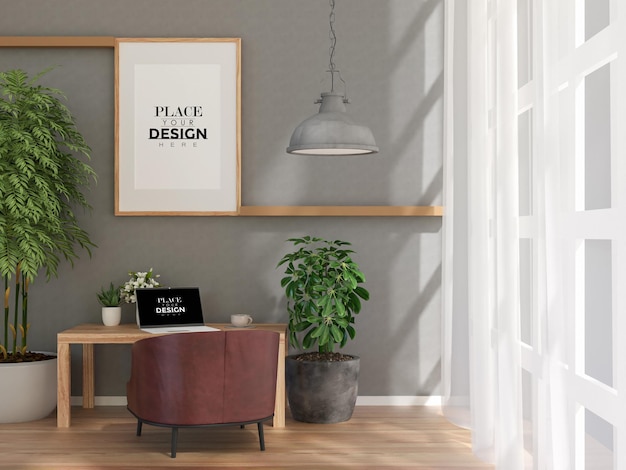 Poster frame in living room psd mockup