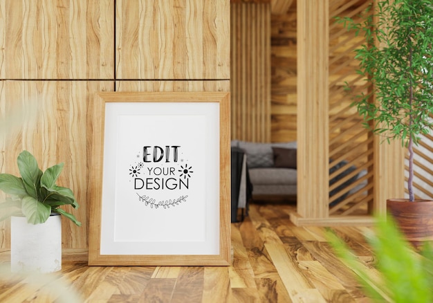 Poster frame in living room psd mockup