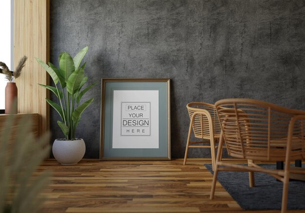 Poster frame in living room psd mockup