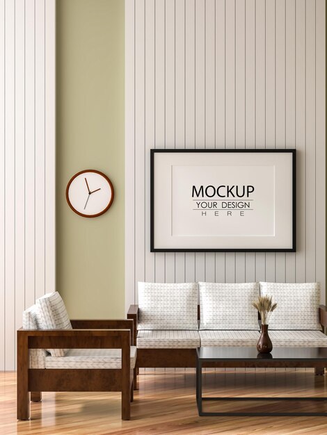 Poster frame in living room psd mockup