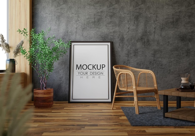 Poster frame in living room psd mockup