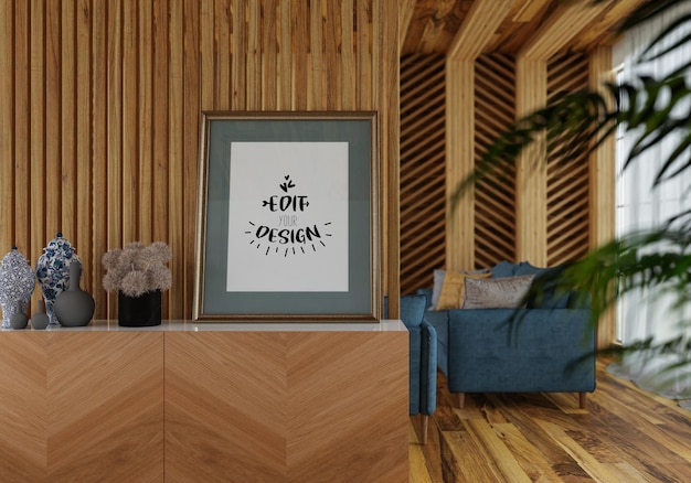 Poster frame in living room psd mockup