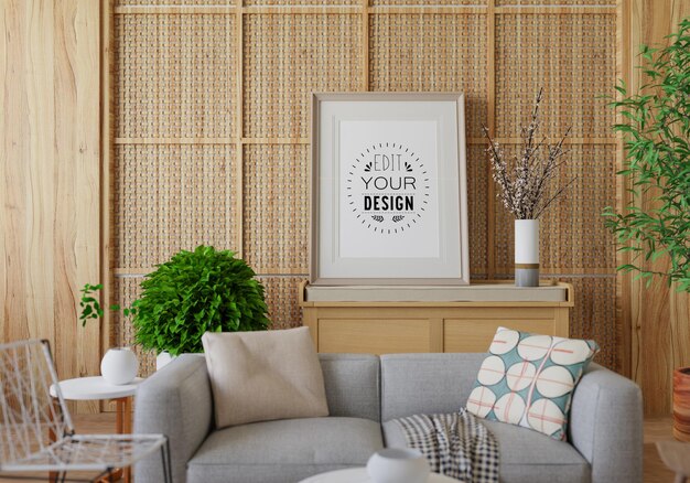 Poster frame in living room psd mockup