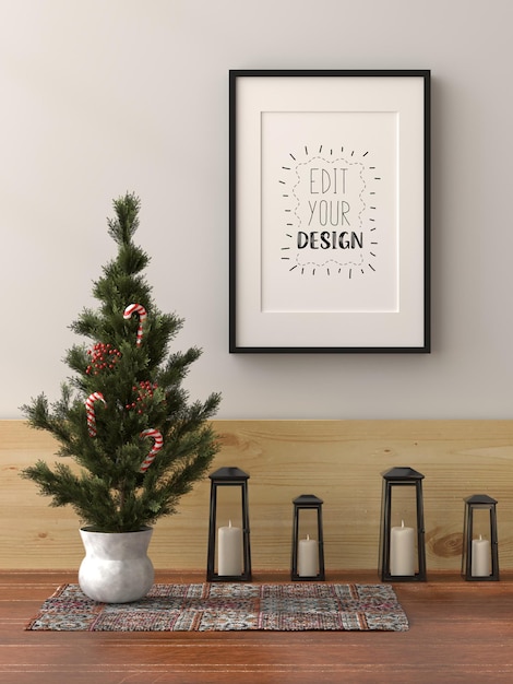 Poster frame in living room psd mockup