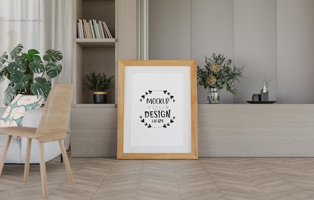 Poster frame in living room psd mockup